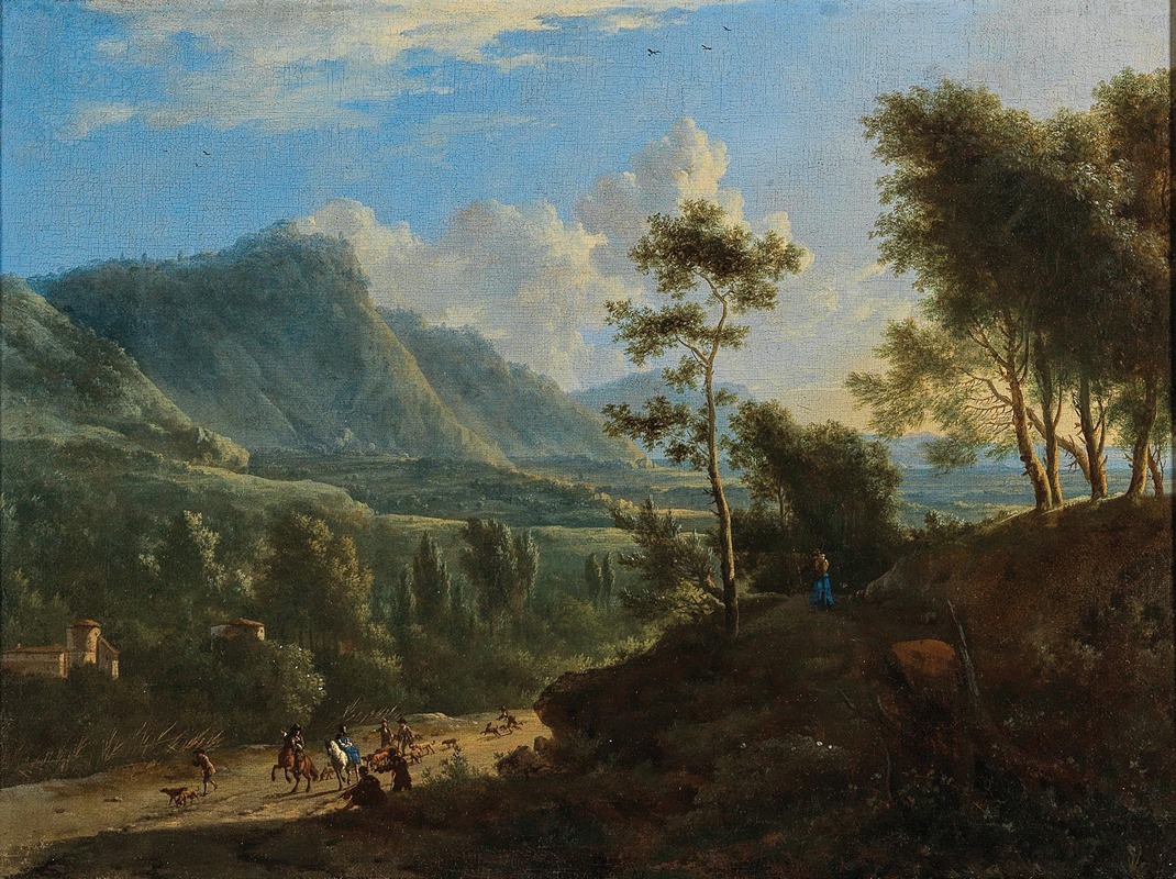Frederick de Moucheron - An Italianate landscape with a hunting company