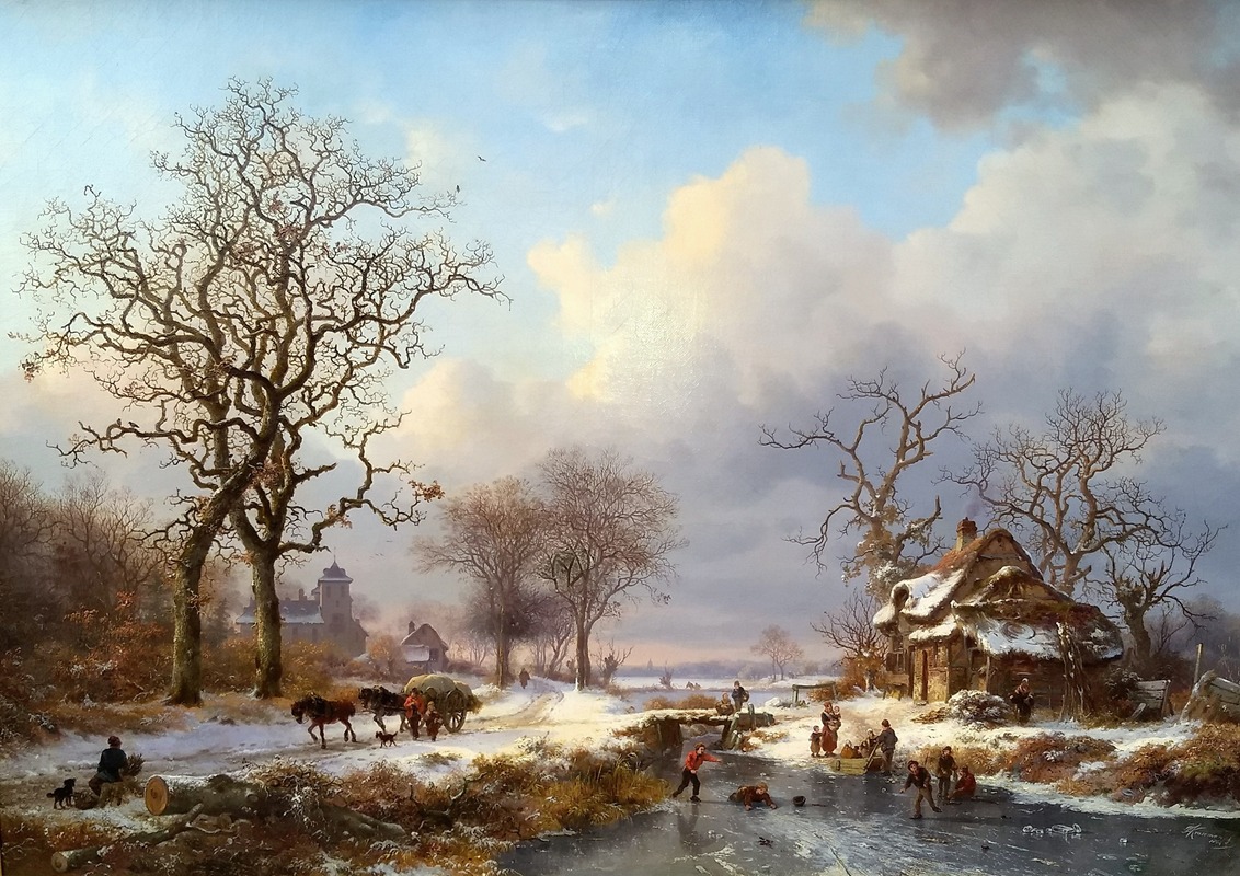 Frederik Marinus Kruseman - Dutch Winter Landscape with Skaters