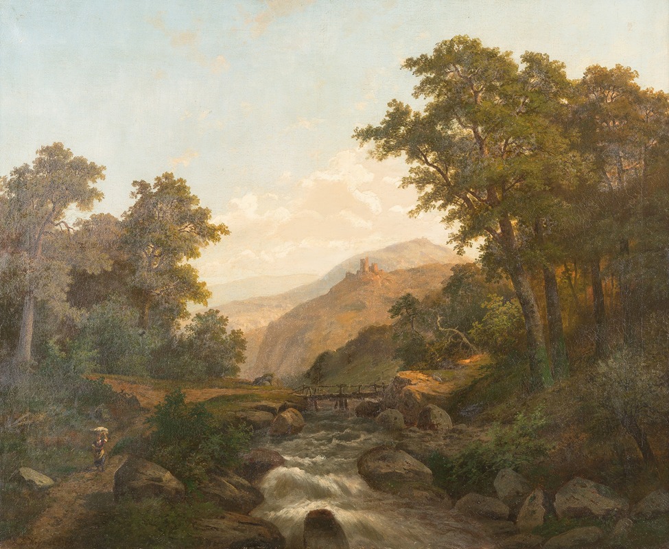 Heinrich Eduard Heyn - Romantic landscape with castle and wild stream