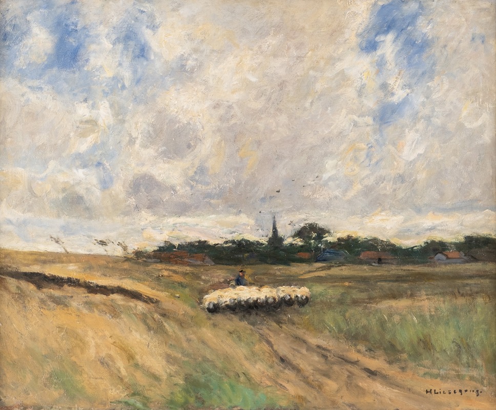 Helmuth Liesegang - Shepherd with flock in stormy landscape