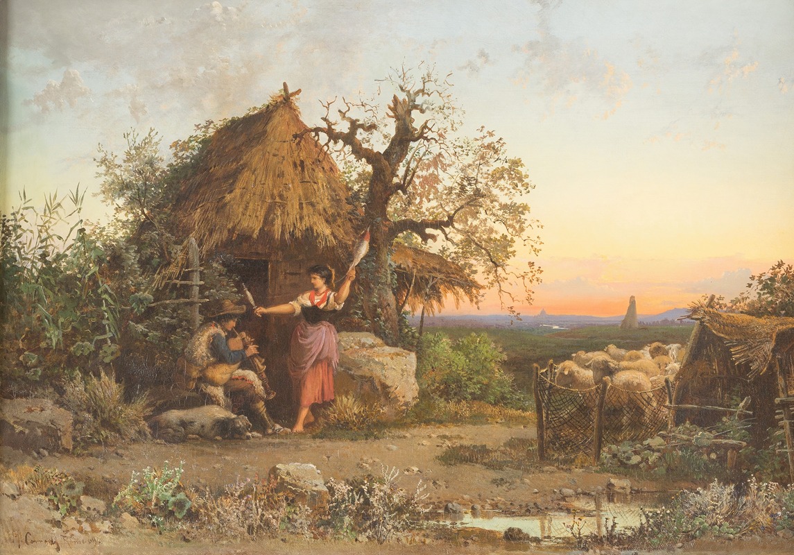 Hermann David Salomon Corrodi - Music making shepherds, Rome in the background