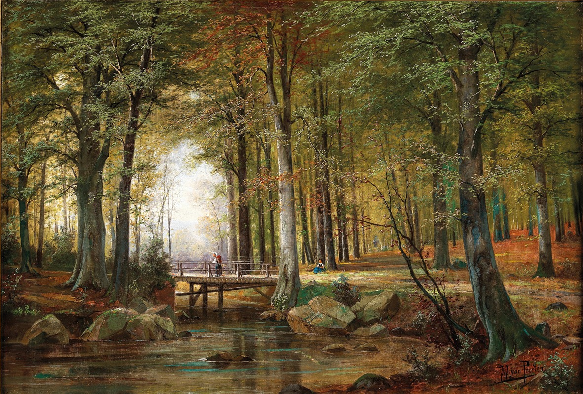 Jacobus Johannes van Poorten - A Wooded Landscape with a Creek and a Bridge