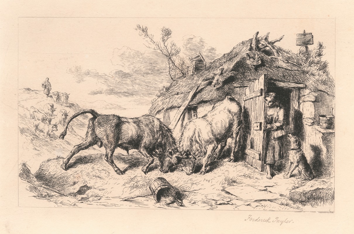 John Frederick Tayler - Two Bulls fighting by a Cottage
