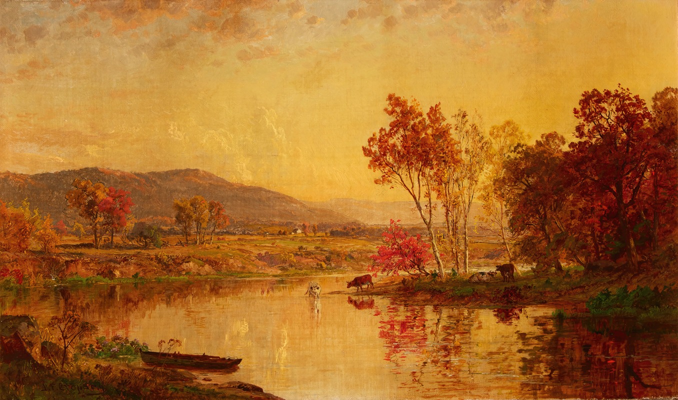 Jasper Francis Cropsey - An Autumn Landscape with Cattle Watering at a River