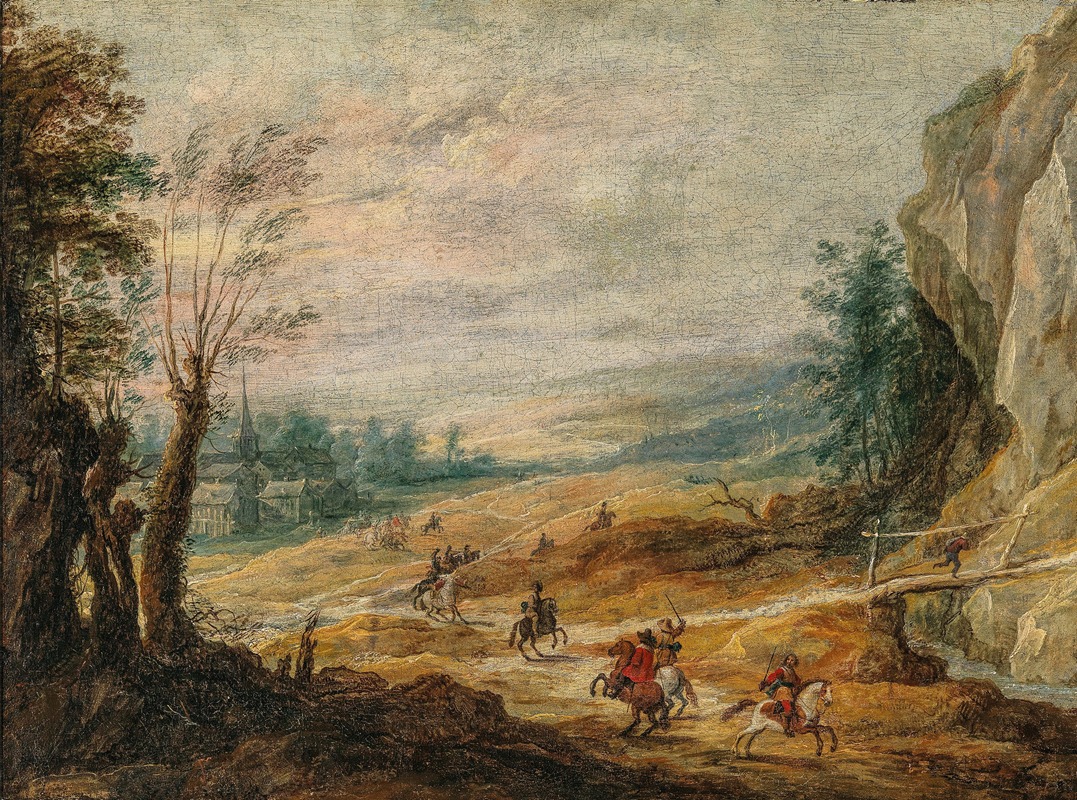 Joos de Momper - An extensive mountainous landscape with horsemen chasing a thief