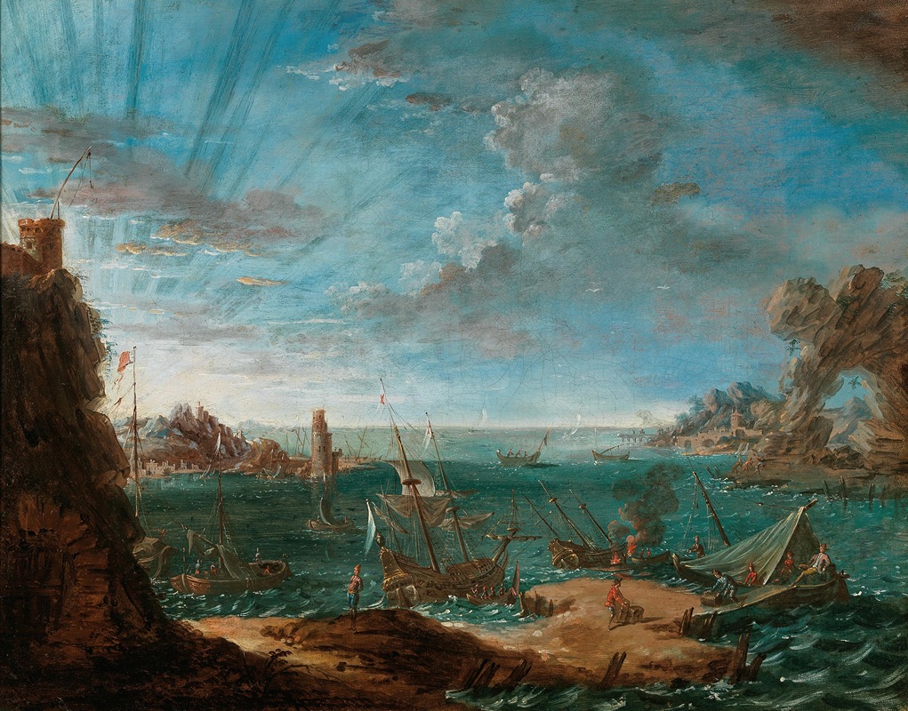 Lodovico Mattioli - A coastal landscape with ships and figures