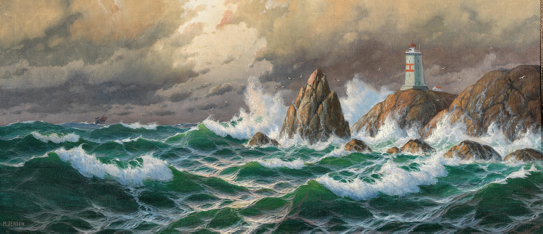 Max Jensen - Breaking Waves with Lighthouse in Stormy Weather