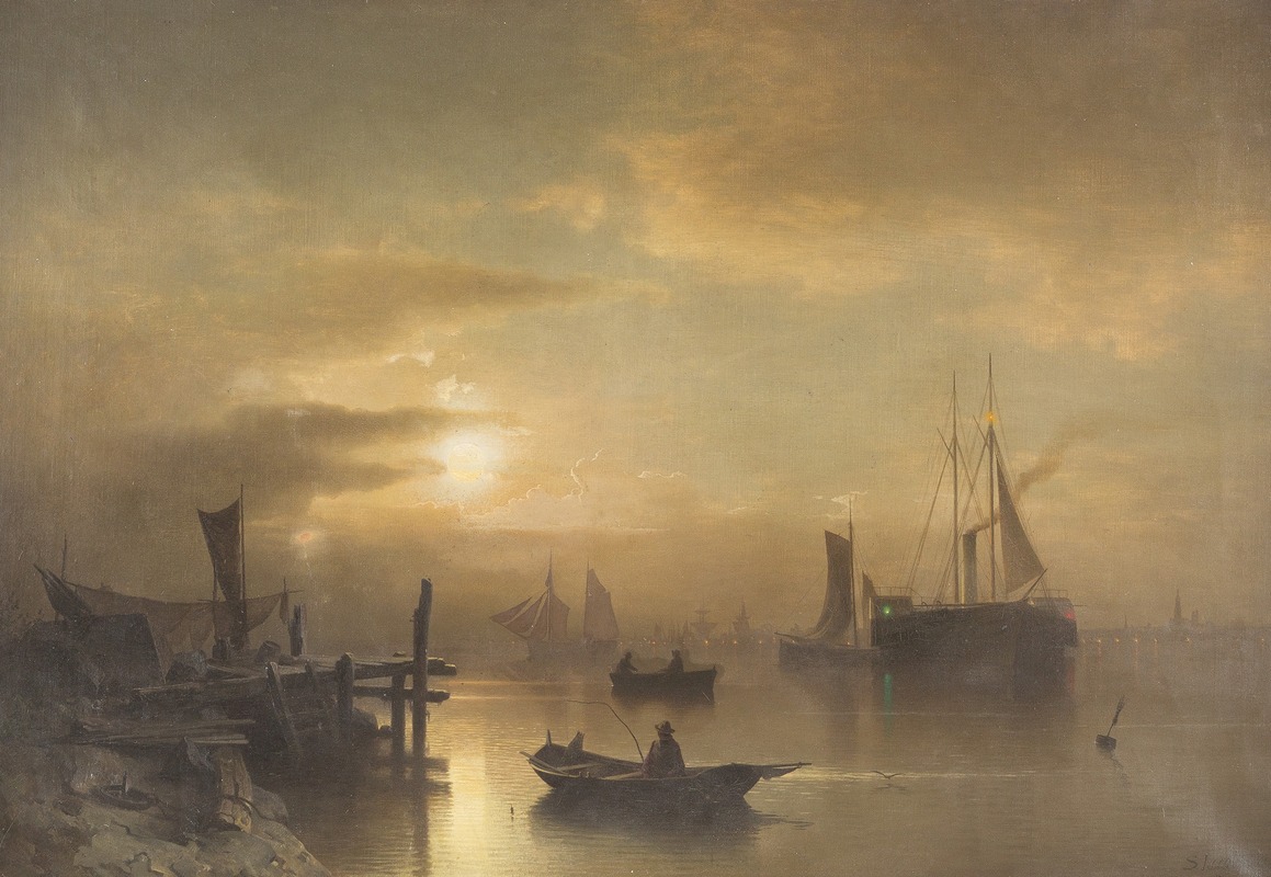 Sophus Jacobsen - Night of a full moon over the harbour