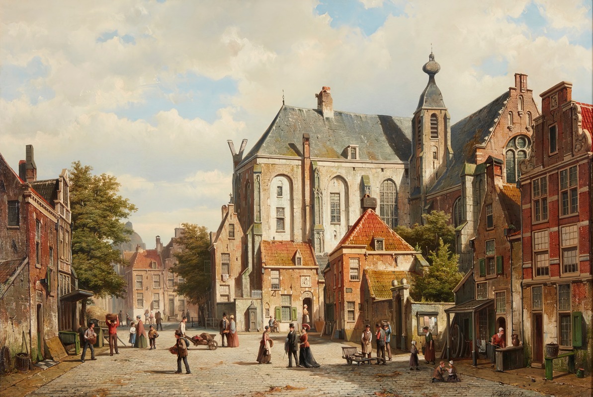 Willem Koekkoek - A Busy Street in a Dutch Town