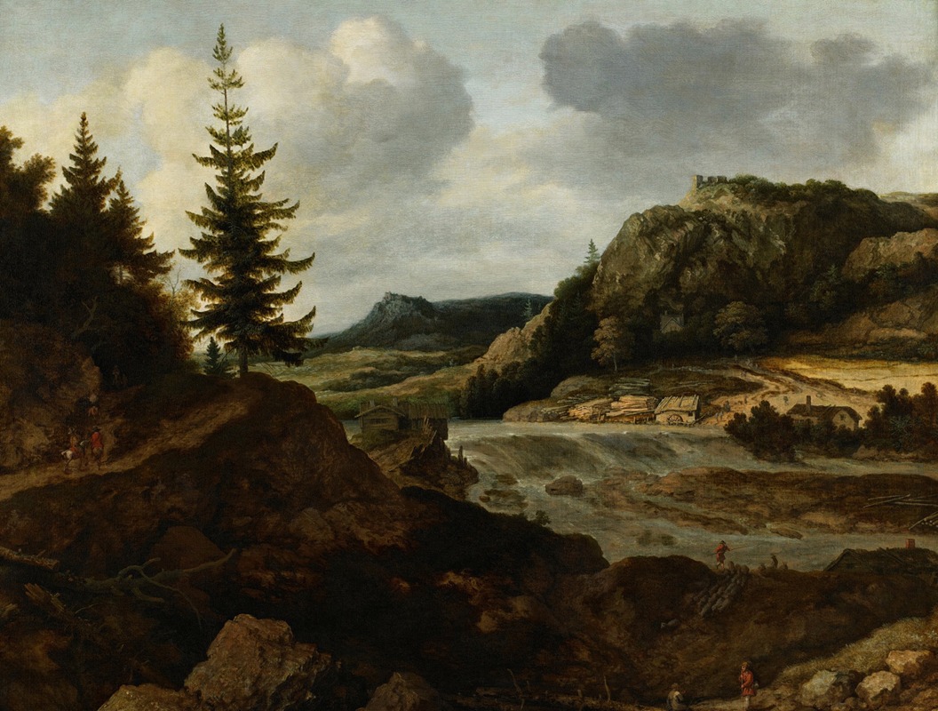 Allaert van Everdingen - A Mountainous River Landscape with Travellers