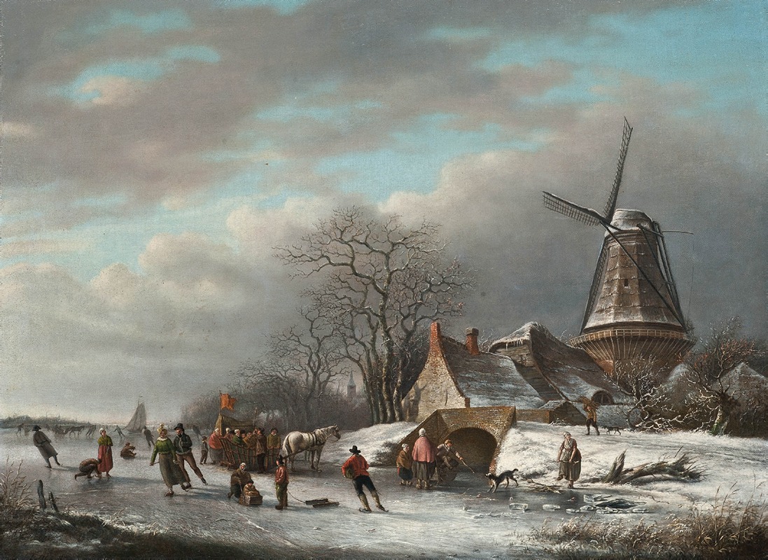 Andreas Schelfhout - Skaters on a Dutch waterway by a windmill