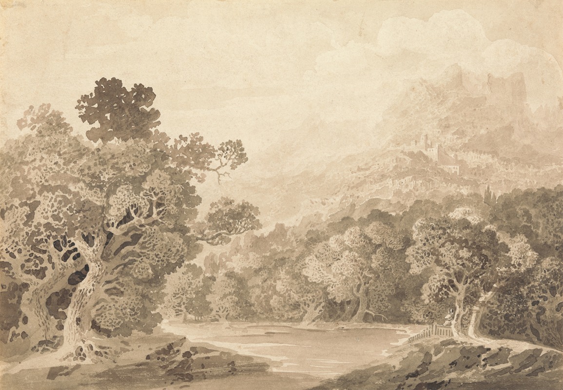 John Martin - Forested River Bank, Hill Town and Mountain Peaks in Distance