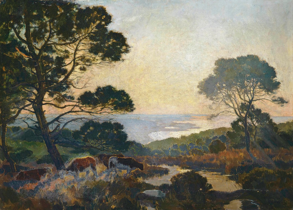 Émile-René Ménard - Cattle grazing above a bay at dusk
