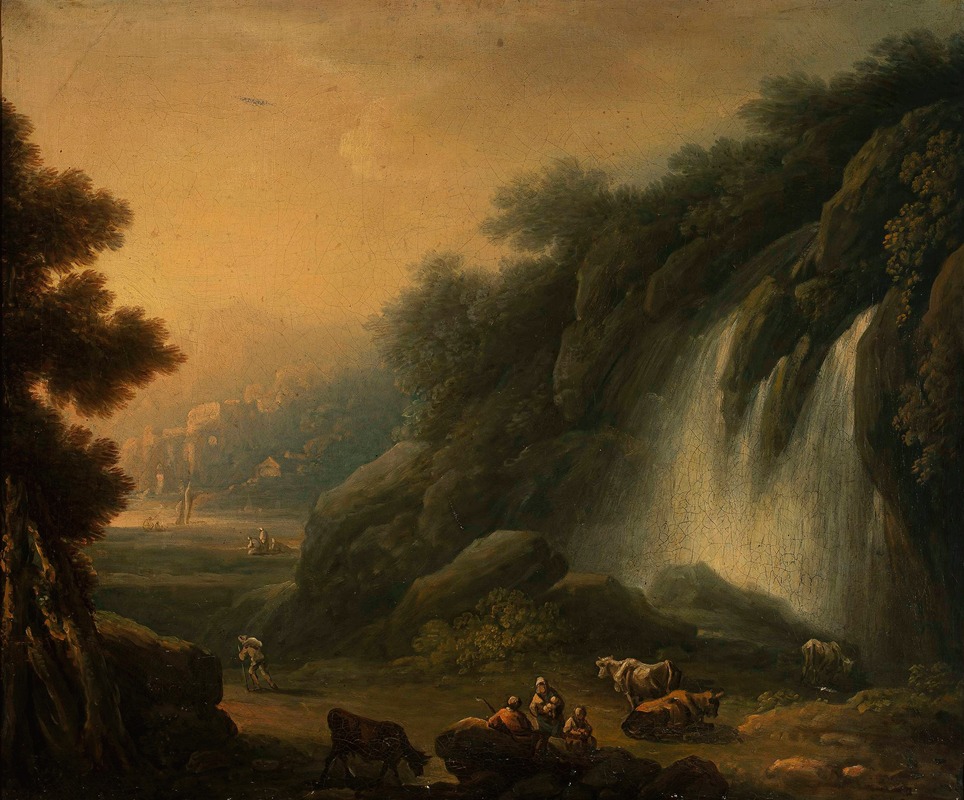 Franciszek Ksawery Lampi - Mountain landscape with a waterfall and staffage