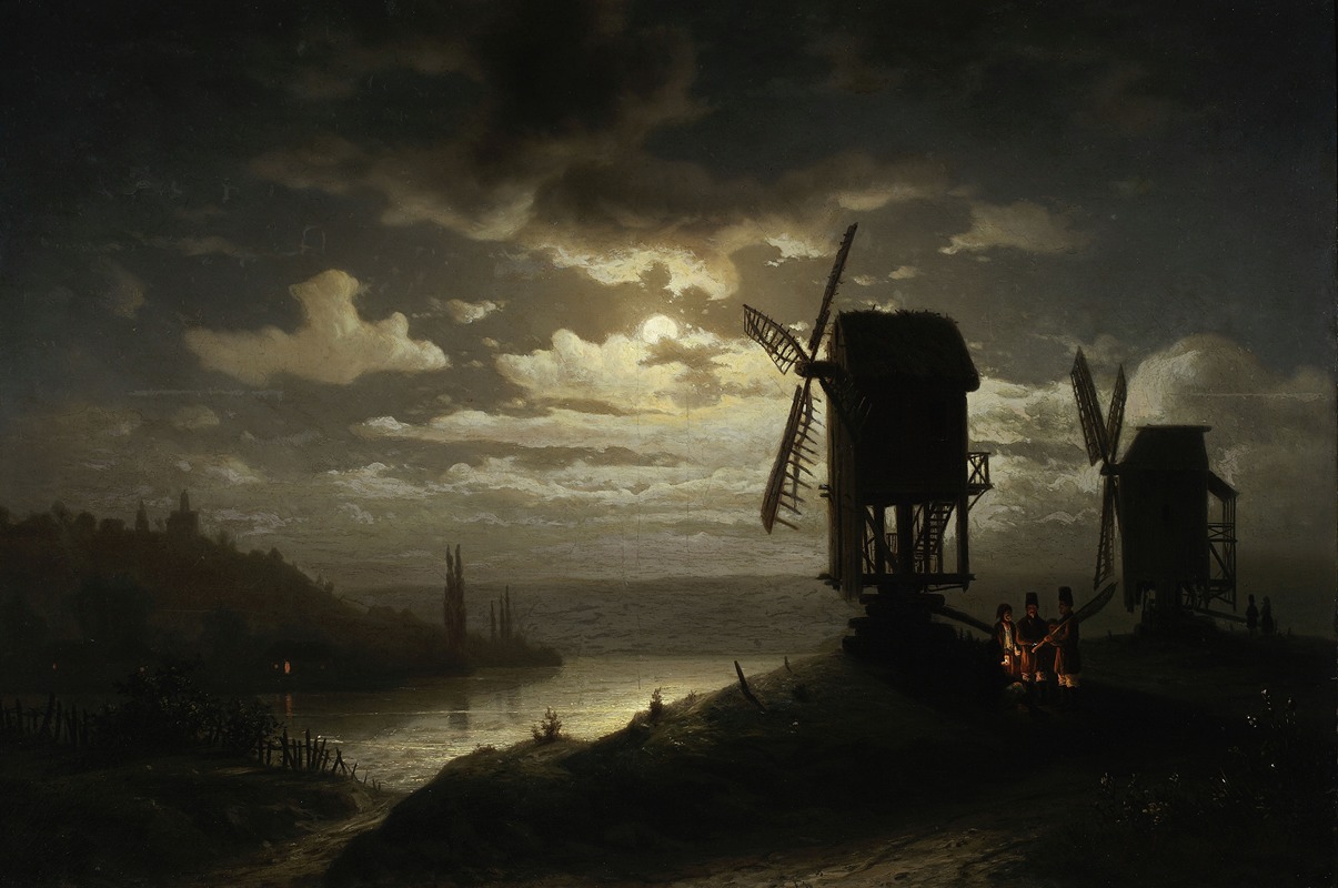 Józef Marszewski - Nocturnal landscape with windmills