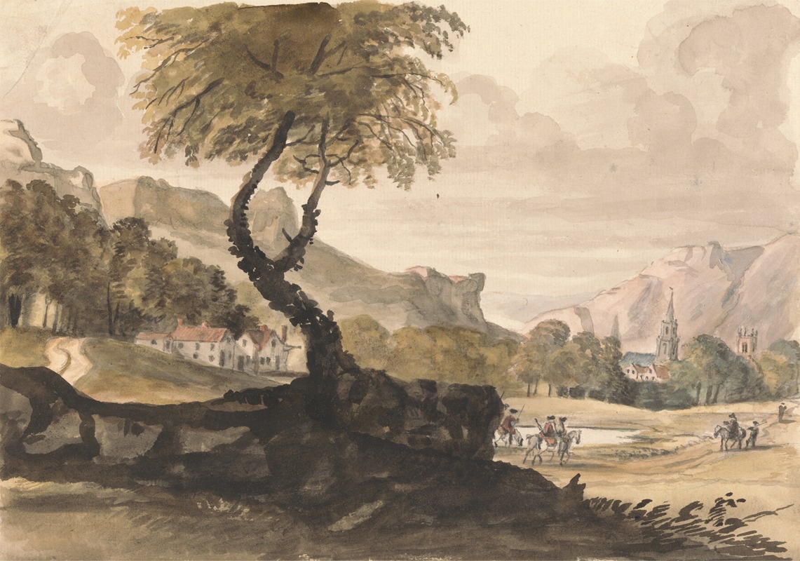 Peter Tillemans - Hilly Scene with Village and Horseman