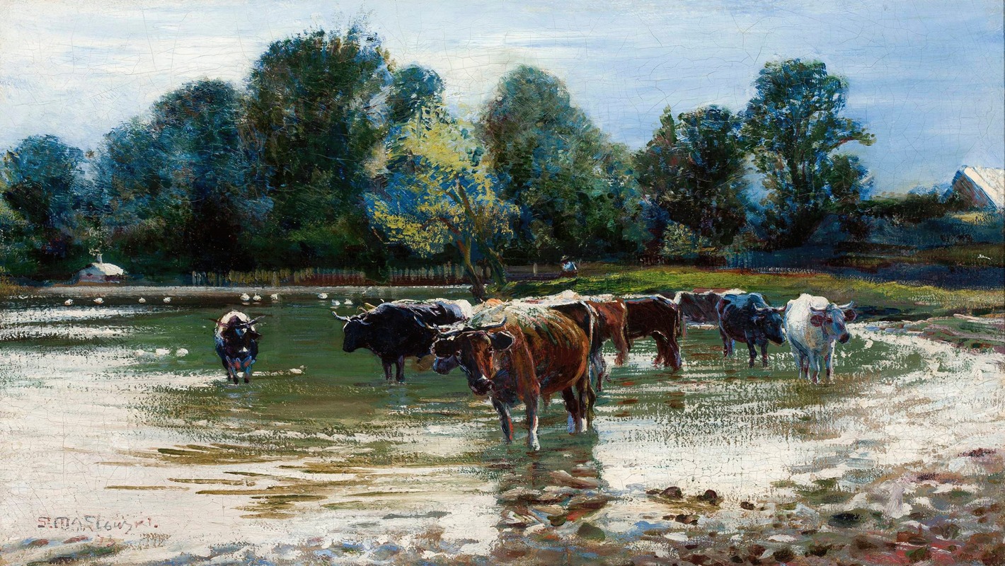 Stanisław Masłowski - Cows wading in the river
