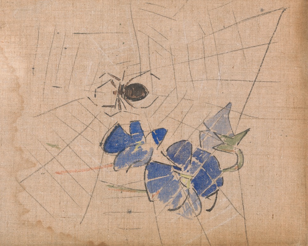 Joseph Crawhall - A Spider and Web with Blue Flowers