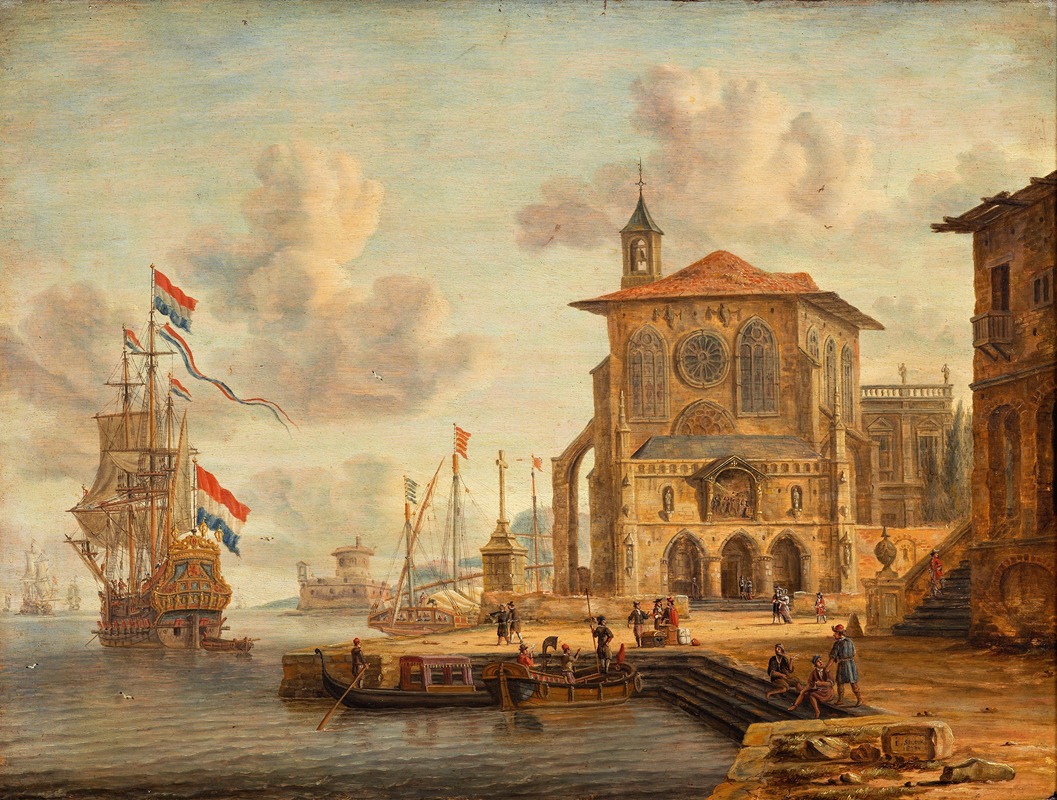 Abraham Storck - Harbour scene with medieval building