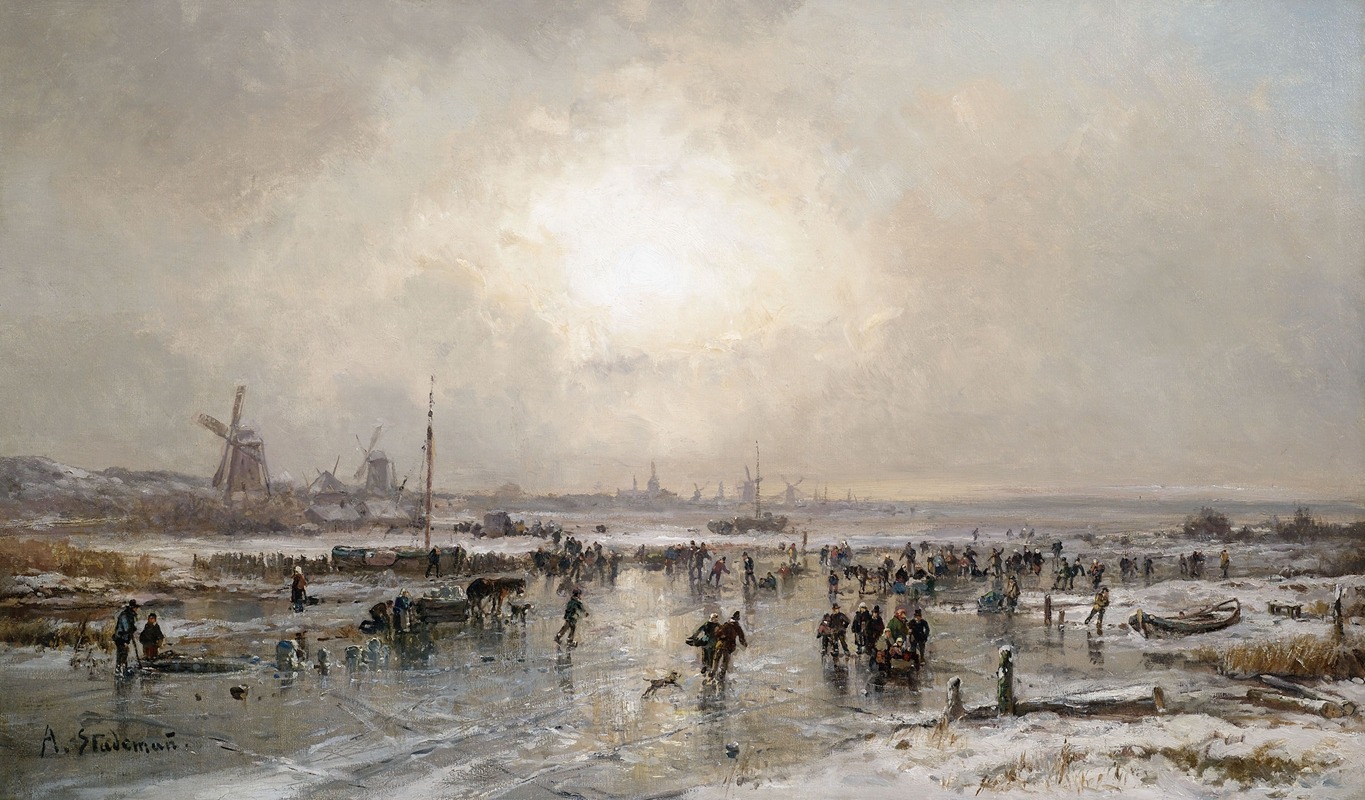 Adolf Stademann - Winterliches Eisvergnügen auf einem zugefrorenen Kanal vor holländischer Stadtsilhouette
