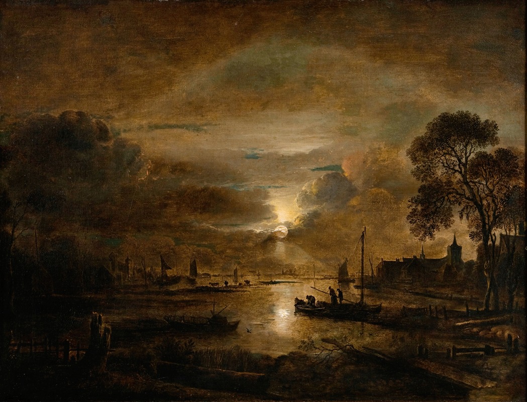 Aert van der Neer - Moonlight at a Dutch River