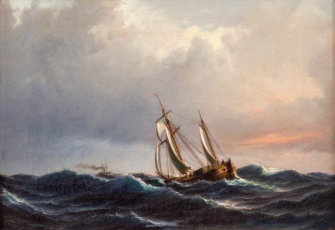 Anton Melbye - A ship in high seas at sunset