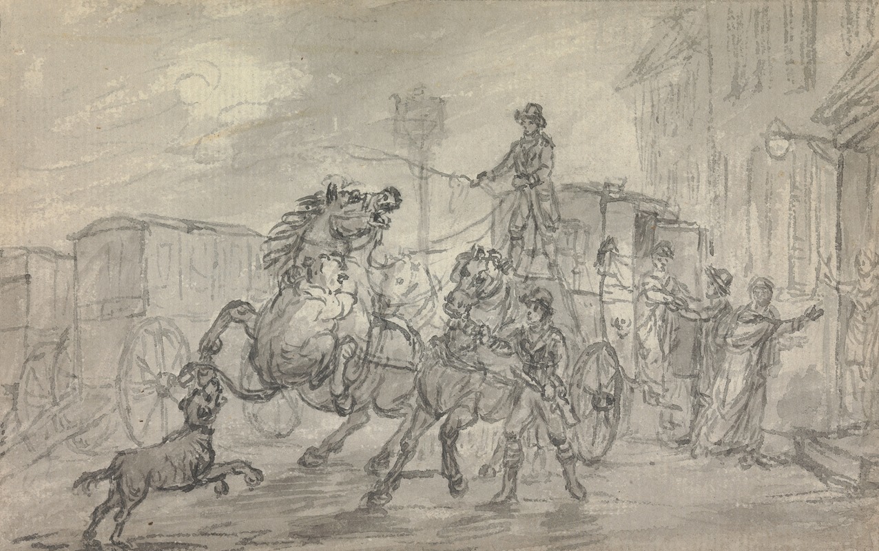 Julius Caesar Ibbetson - A Lioness Attacking the Off-Leader of the Exeter Mail Coach Outside the Pheasant Inn, Winterslow, on the Night of 20 October 1816
