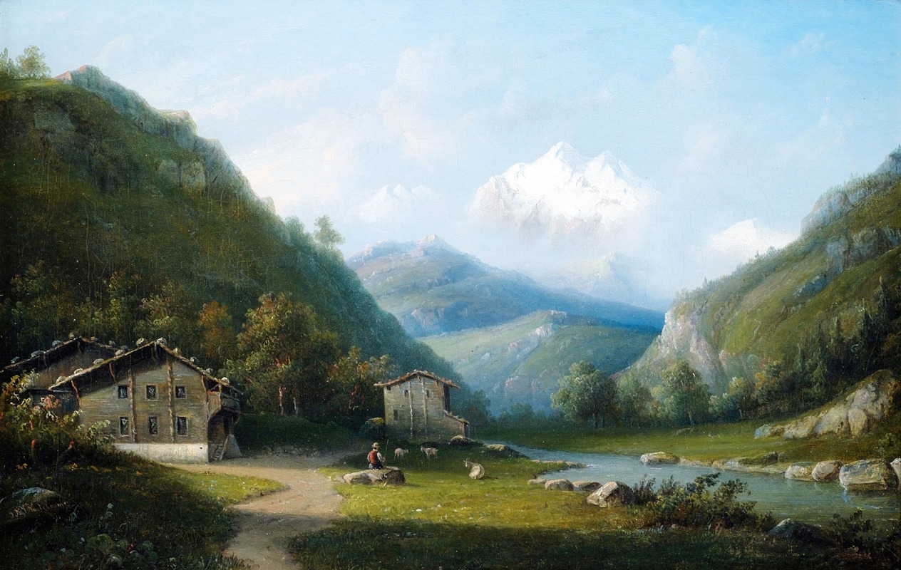 Jacobus Hendricus Johannes Noteboom - Flusslandschaft im Gebirge mit Blick auf das Mont-Blanc-Massiv