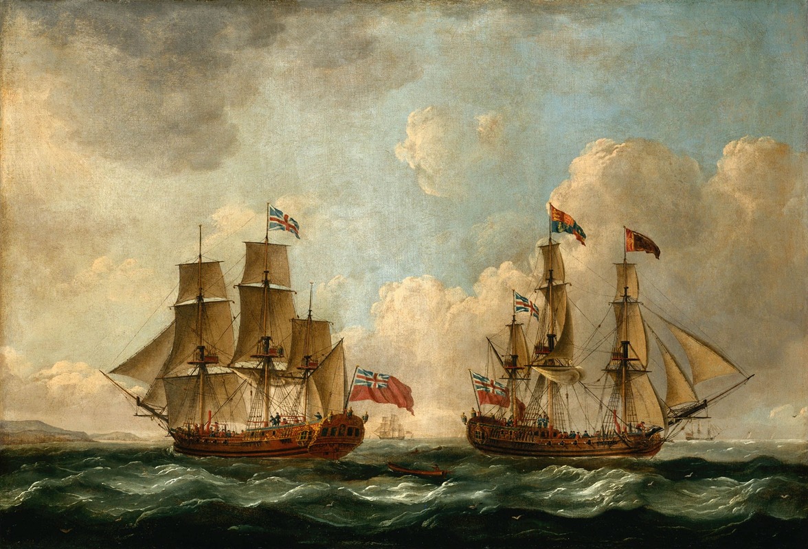 John Cleveley the elder - The Peregrine (later renamed the Royal Caroline) in Two Positions off the Coast)