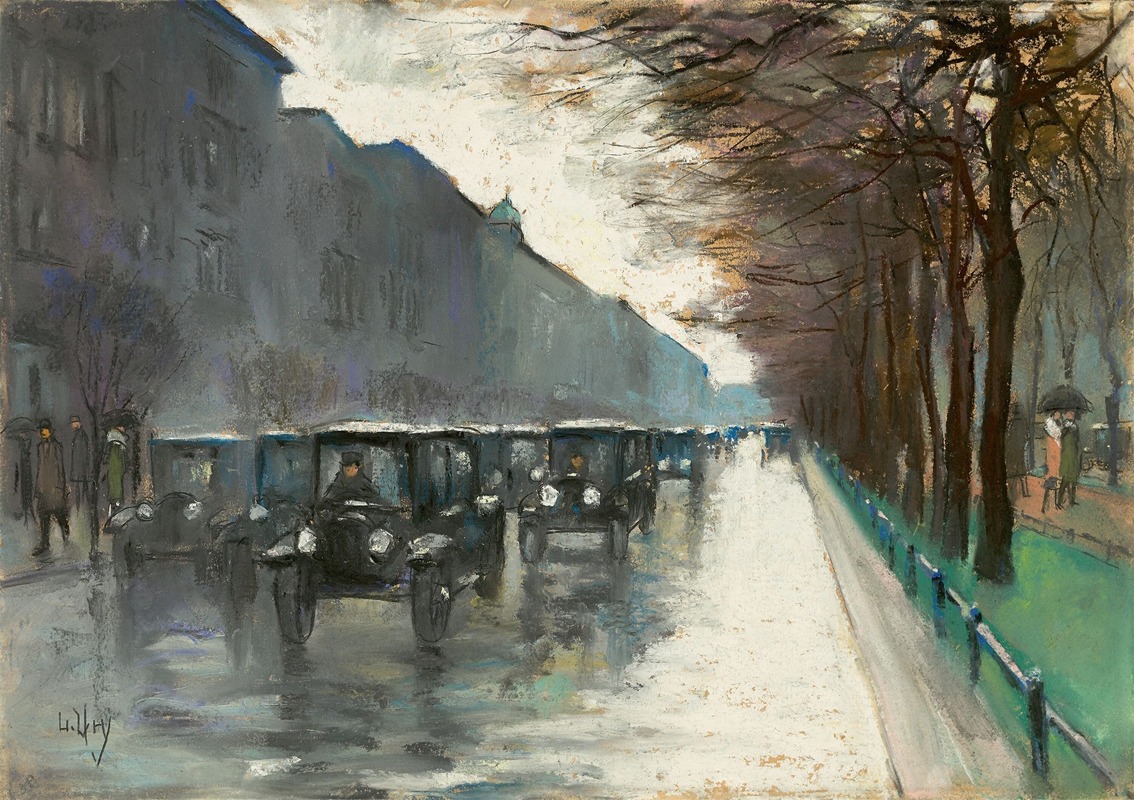 Lesser Ury - Unter den Linden mit Droschken im Regen