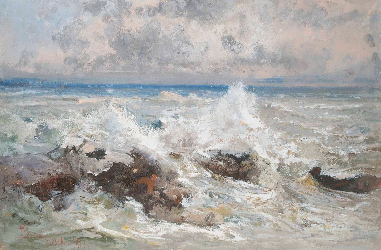 Pompeo Mariani - Waves crashing on the rocks at Bordighera