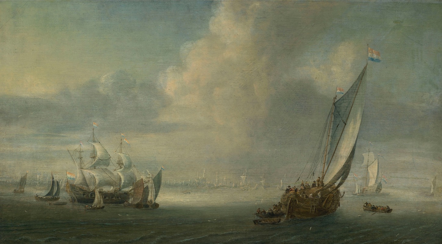 Abraham de Verwer - Marine view with a port in the background