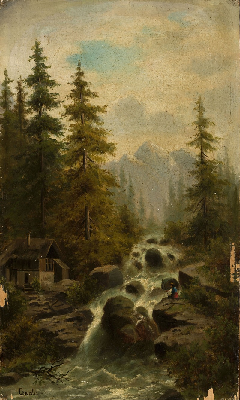 Adolf Chwala - Mountain landscape with a waterfall