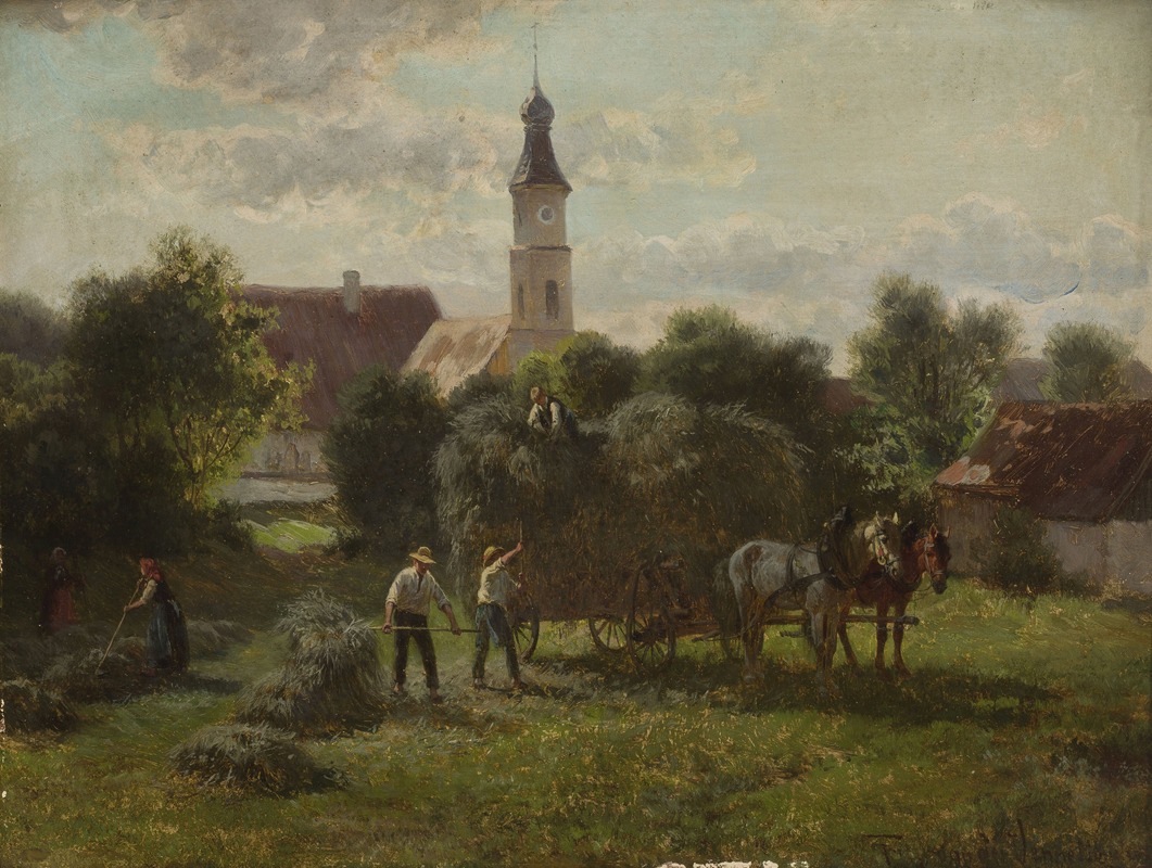 Adolf van der Venne - Carting hay with a view of the village and the church