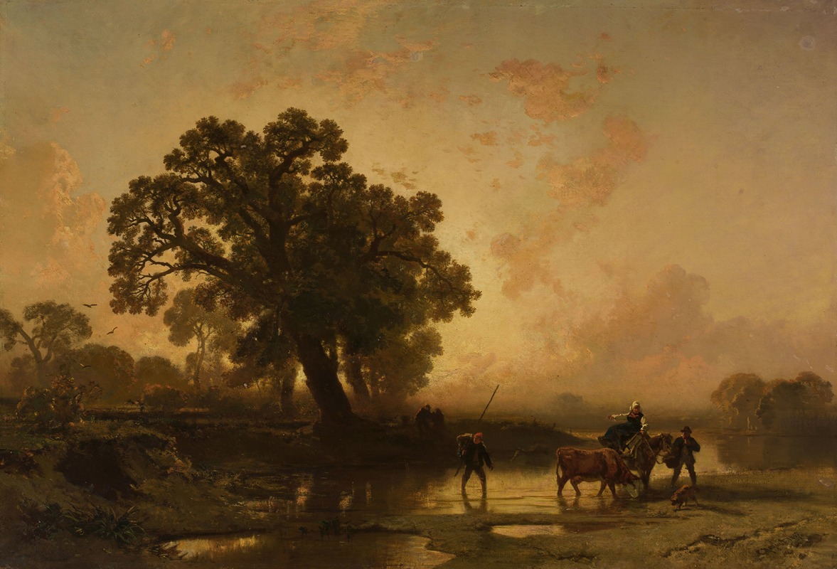 Charles Hoguet - Riverside landscape at sunset