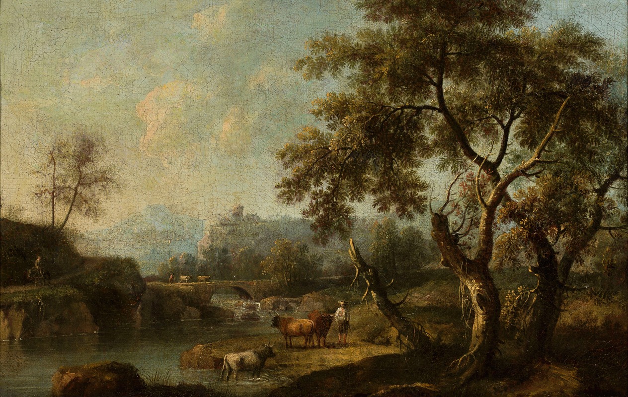 Giovanni Battista Cimaroli - Mountain landscape with cattle at the waterhole