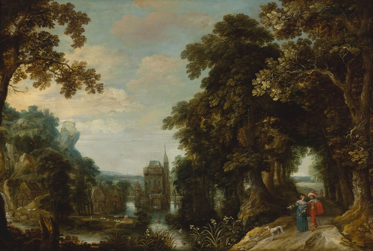 Jacques van der Wijen - Landscape with an alley and castle on the water