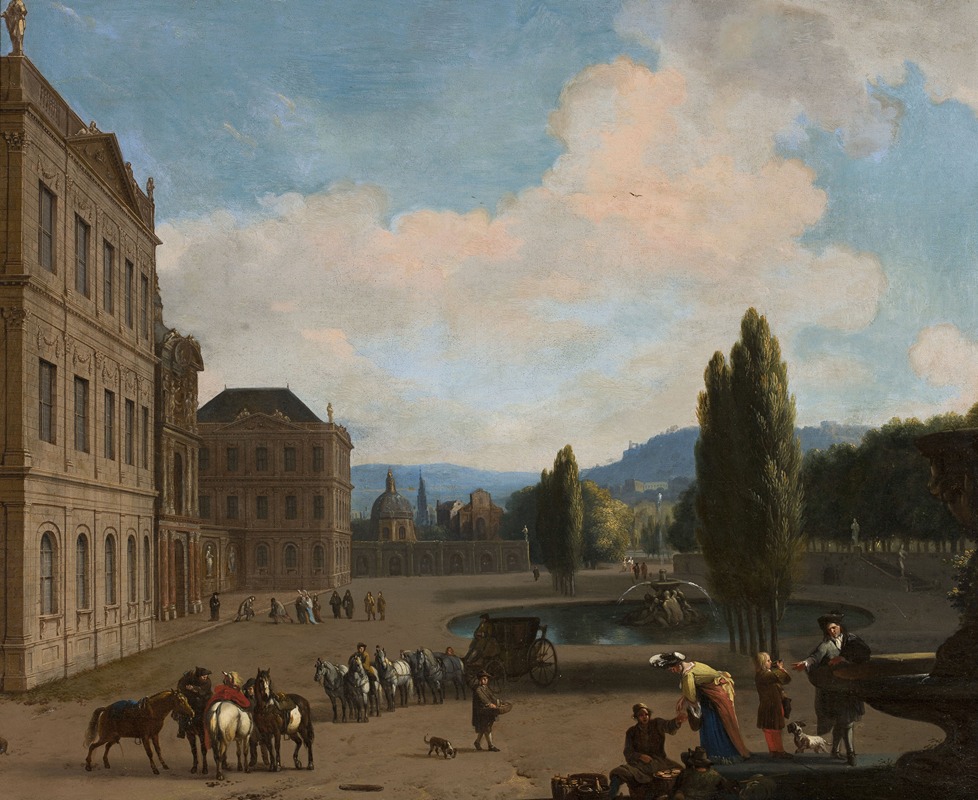 Jan van Huchtenburg - Palace courtyard with a fountains, a carriage and people