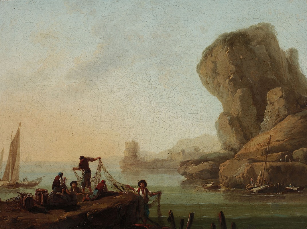 Jean-Baptiste Pillement - Fishermen pulling nets at the seaside