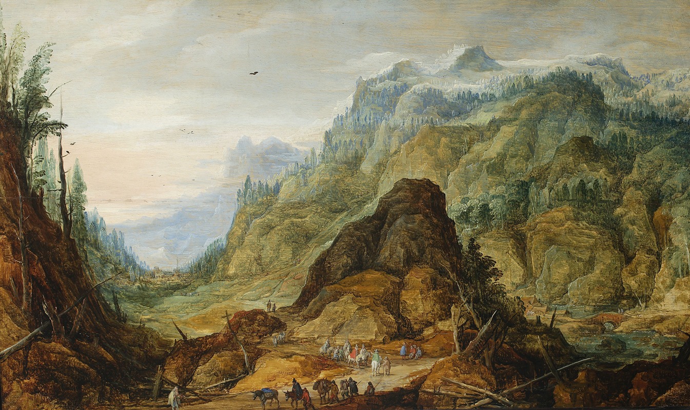 Joos de Momper - Mountain landscape with a caravan