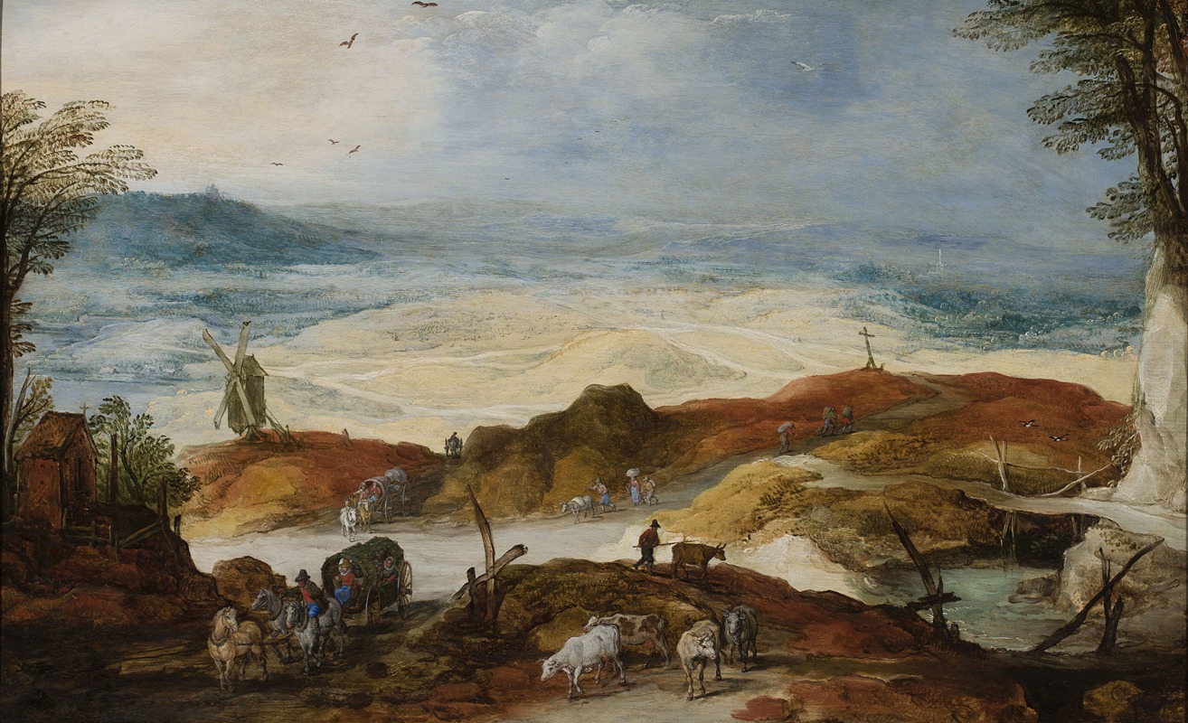 Joos de Momper - Sandy landscape with travellers and cattle