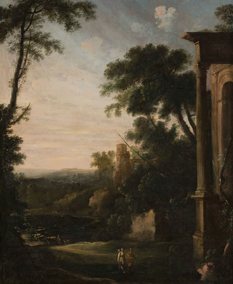 Pierre Antoine Patel the younger - Landscape with architecture and staffage