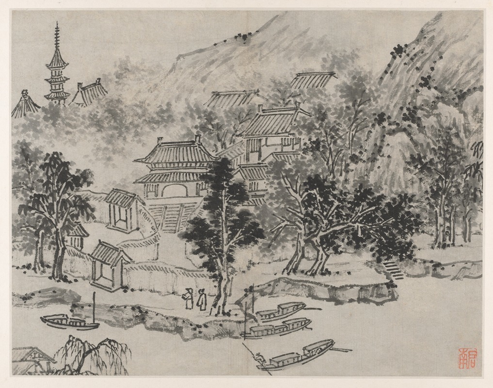 Shen Zhou - Distant View of Tiger Hill from the Canal Mooring