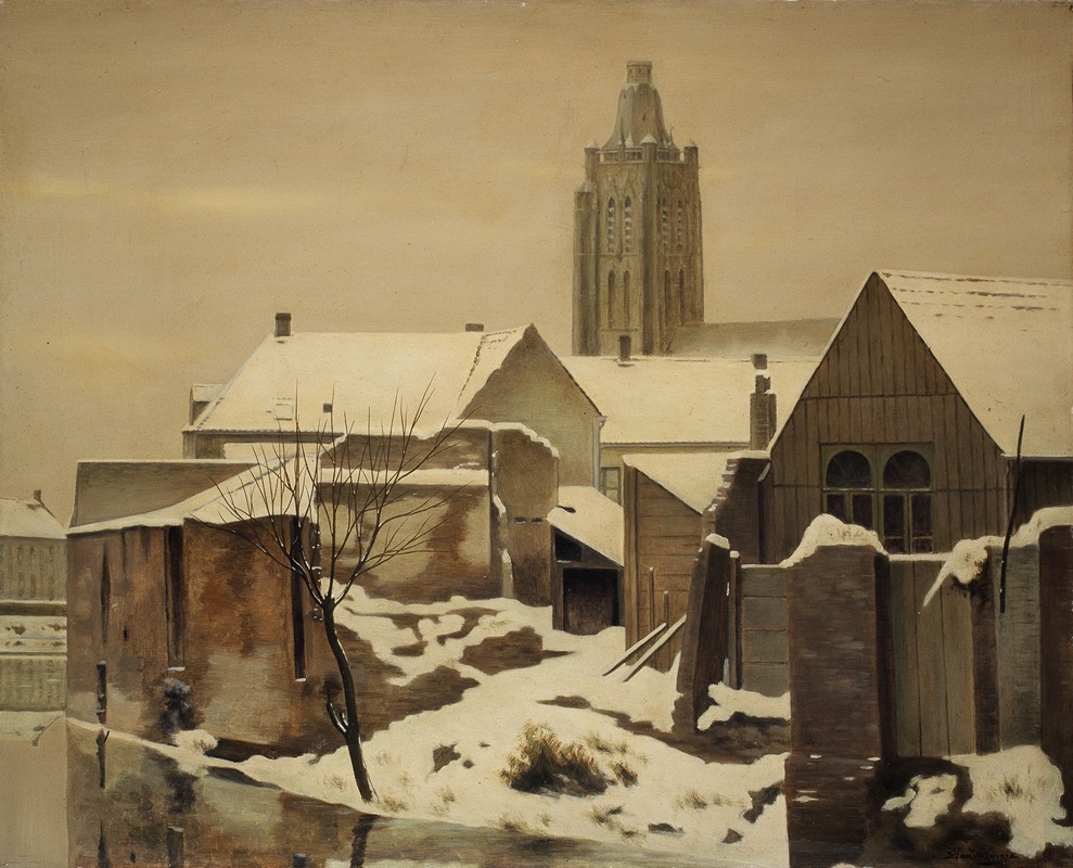 Edmond Van de Vyvere - Gezicht op Oudenaarde in de sneeuw