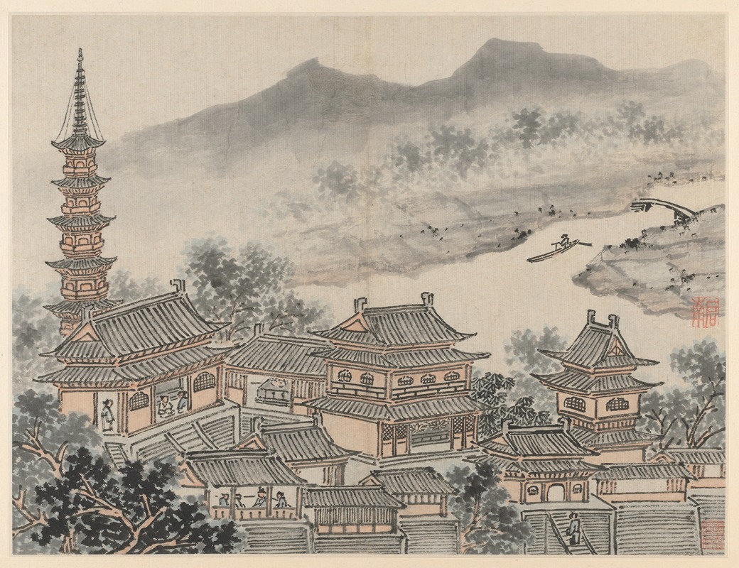 Shen Zhou - The Thousand Buddha Hall and the Pagoda of the ‘Cloudy Cliff’ Monastery