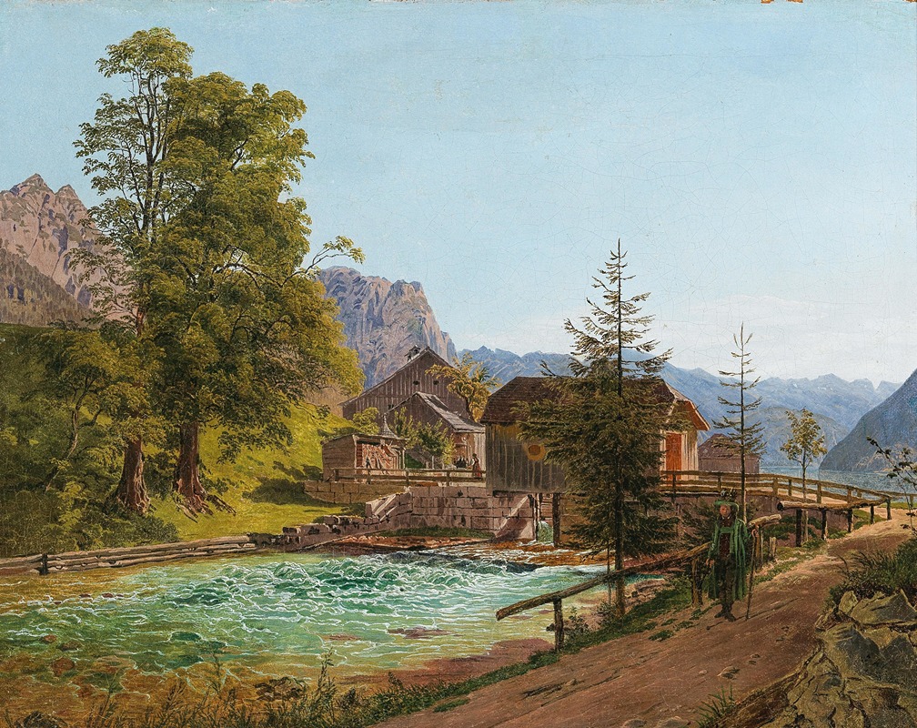 Jacob Alt - Wanderer in the Salzkammergut, the Grundlsee Lake Dam with the River Traun, in the Background on the Left the Backenstein