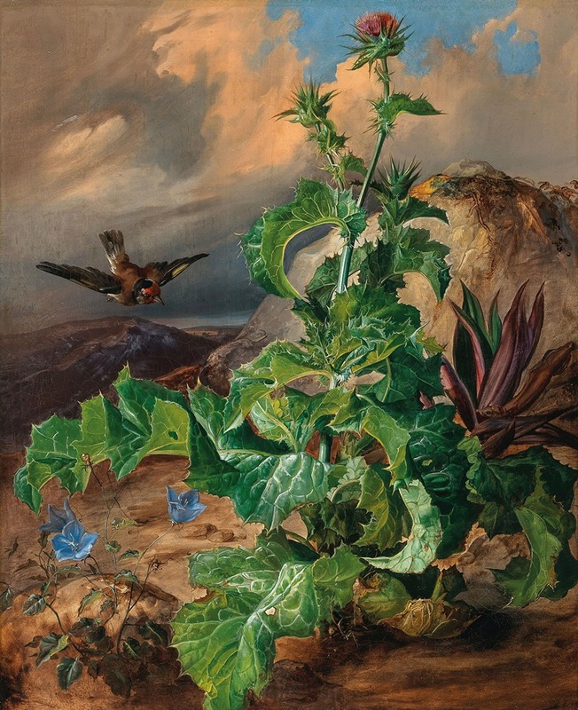 Franz Xaver Gruber - Large Thistle Still Life with Goldfinch