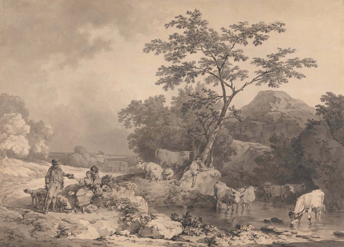 Philip James de Loutherbourg - Figures by a stream with cattle watering