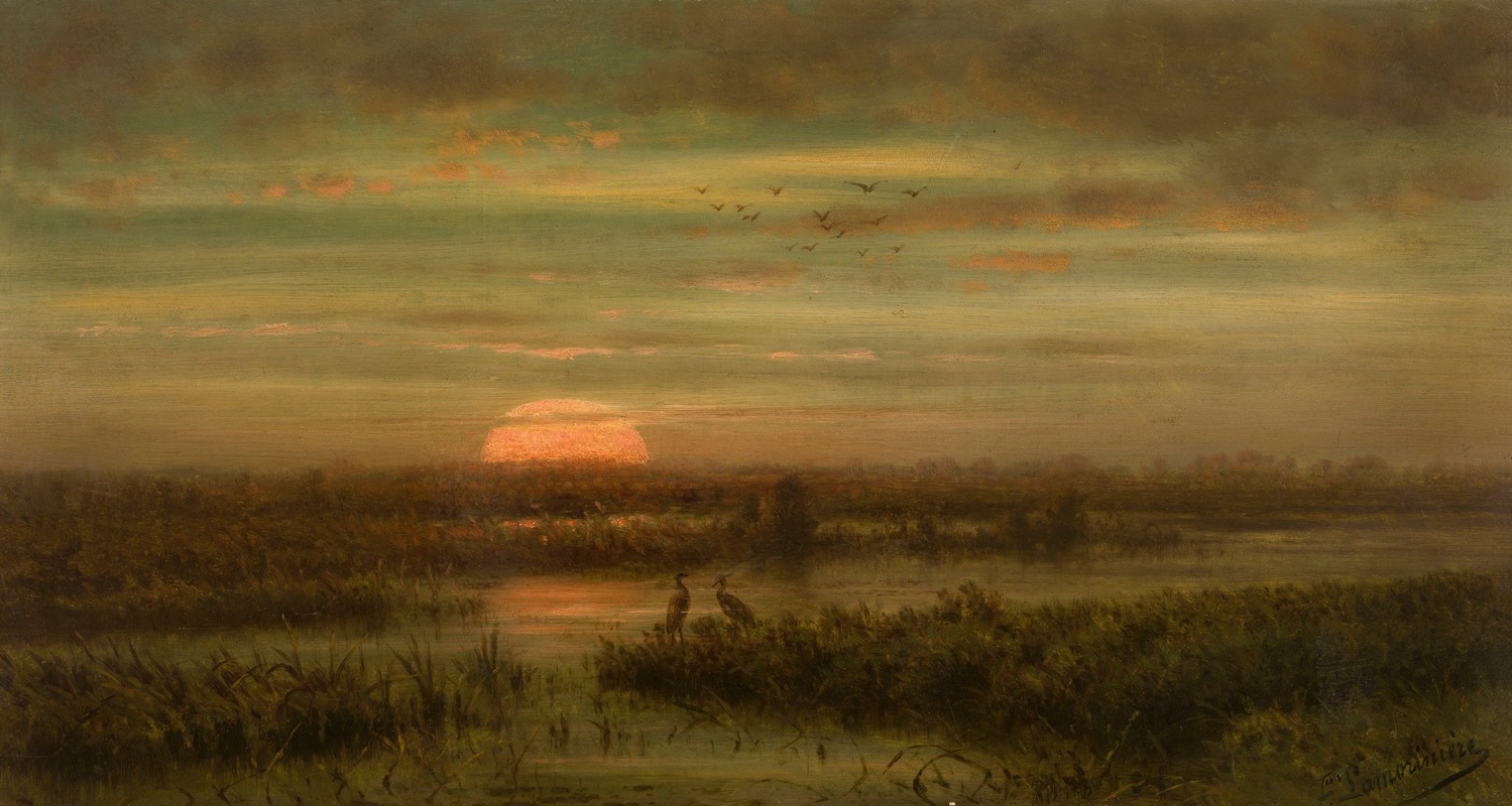 Jean Pierre François Lamorinière - Landscape with Herons at Sunset