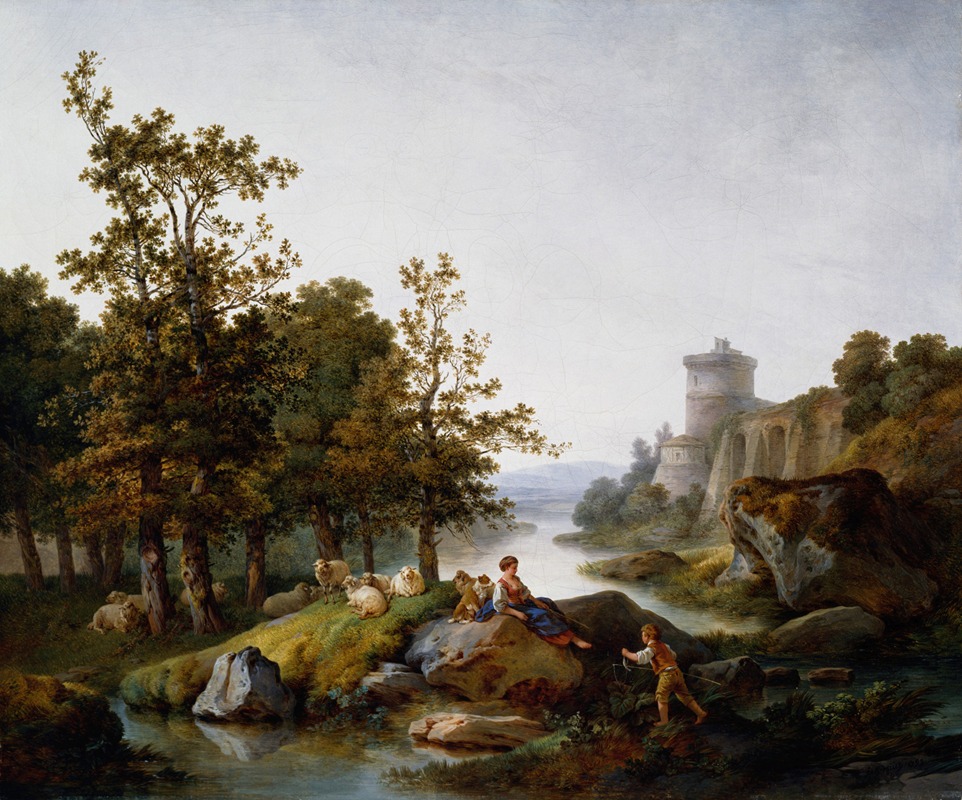 Jean-Baptiste Huet - Landscape with a Shepherdess and a Boy Fishing